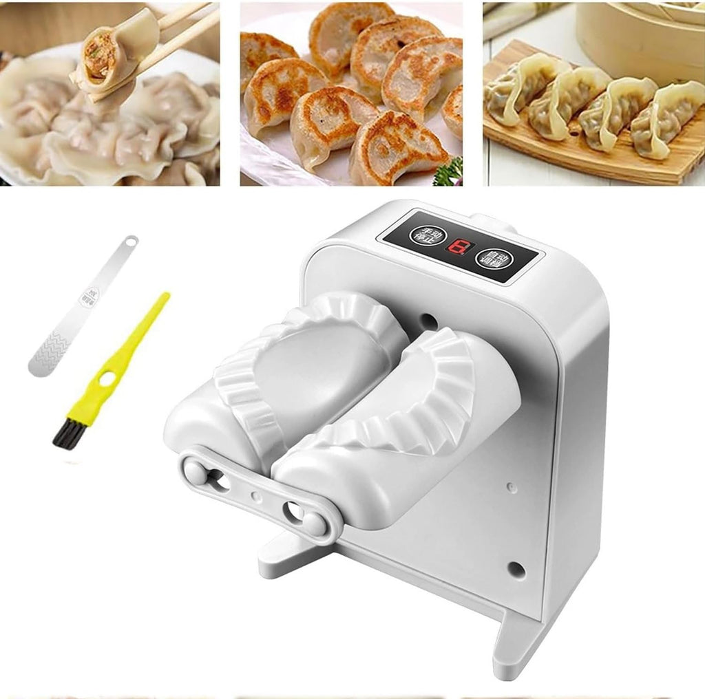 Automatic Electric Dumpling Press Maker Machine - Adjustable and Easy to Operate, with Spoon and Brush - for Home Kitchen Pastry Making (White)