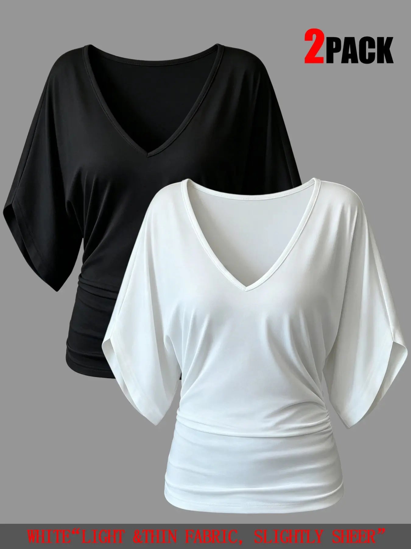 Two-Pack Women'S Ruffle Batwing Sleeve V-Neck T-Shirt, Slim Fit Ruffled Summer Top, Casual Daily Wear, Elastic Waist, Multiple Colors Available, Womenswear