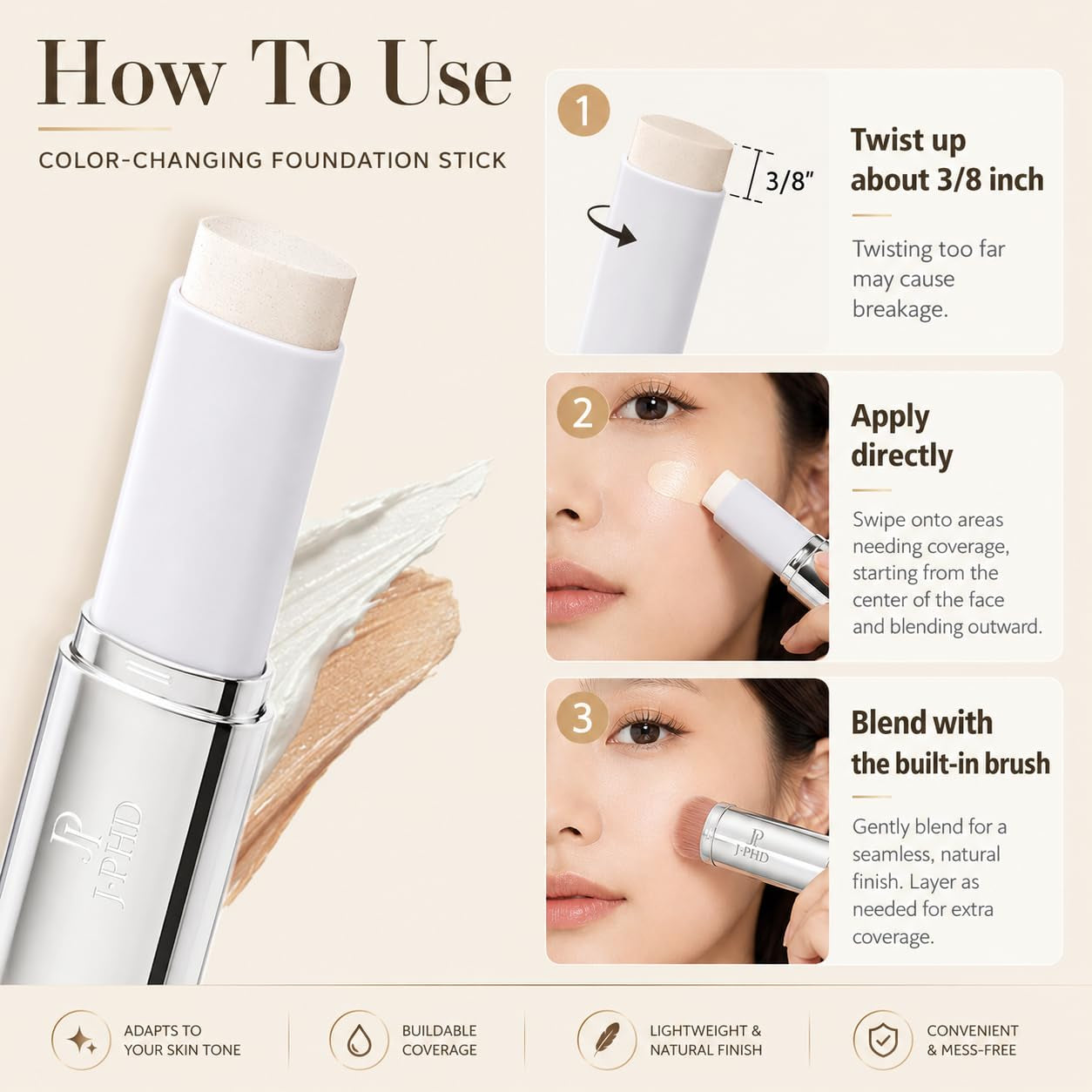 2 In1 Color Changing Korean Foundation Stick with Brush Makeup 02#