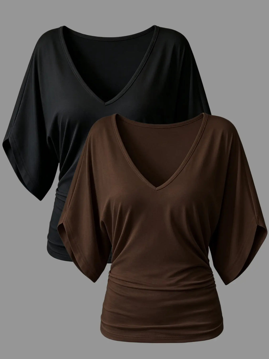Two-Pack Women'S Ruffle Batwing Sleeve V-Neck T-Shirt, Slim Fit Ruffled Summer Top, Casual Daily Wear, Elastic Waist, Multiple Colors Available, Womenswear