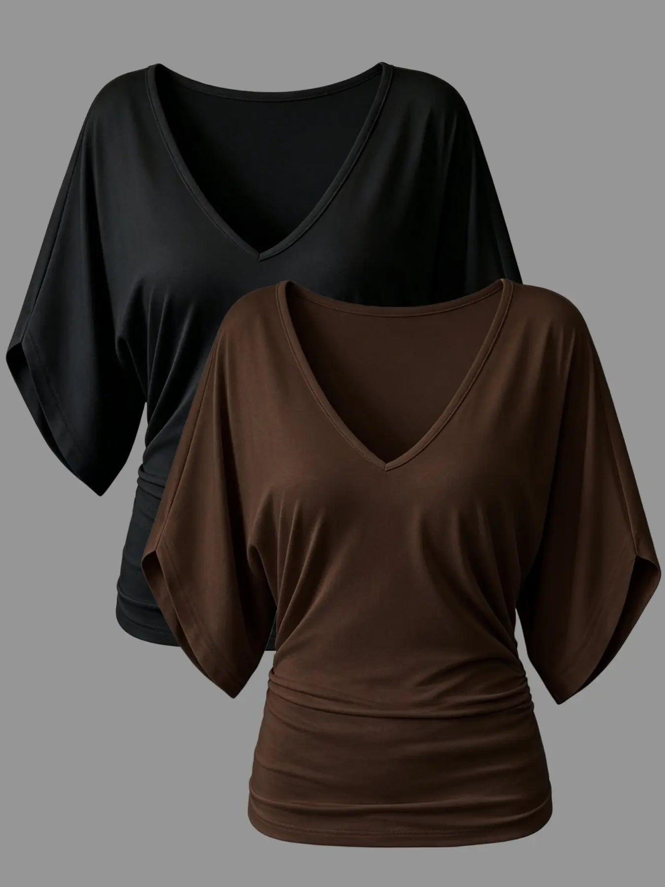 Two-Pack Women'S Ruffle Batwing Sleeve V-Neck T-Shirt, Slim Fit Ruffled Summer Top, Casual Daily Wear, Elastic Waist, Multiple Colors Available, Womenswear