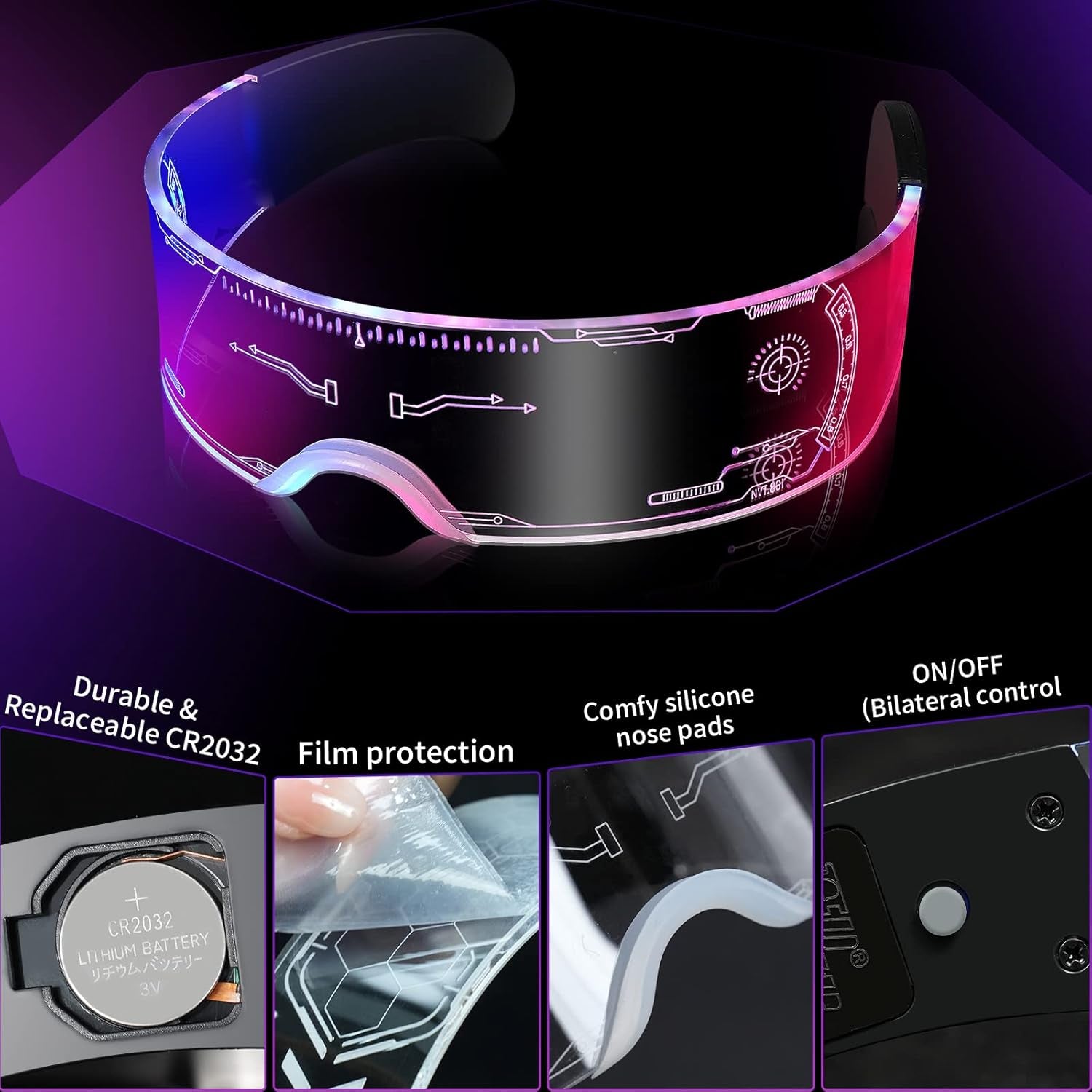 Led Visor Glasses Light up 7 Colors and 4 Modes, Cyberpunk Glasses for Halloween Cosplay Party Bar Adults