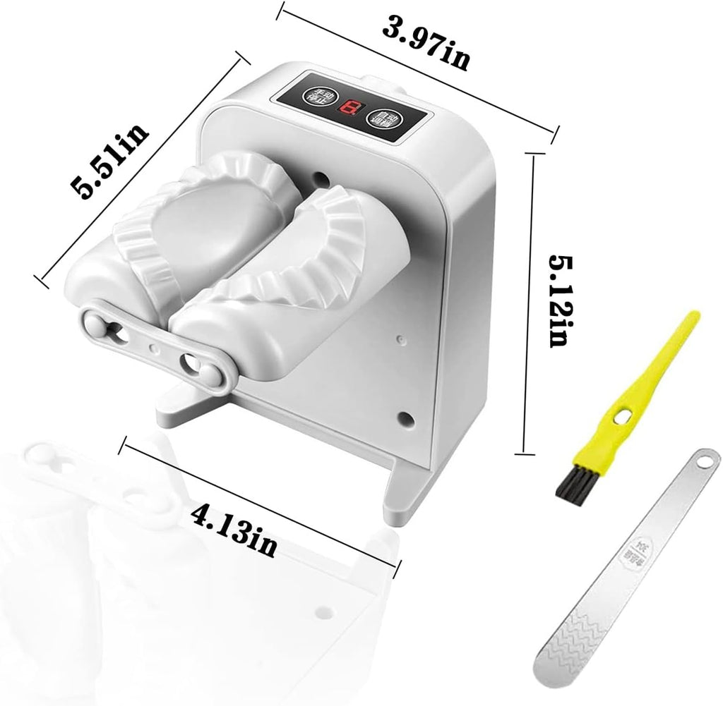 Automatic Electric Dumpling Press Maker Machine - Adjustable and Easy to Operate, with Spoon and Brush - for Home Kitchen Pastry Making (White)