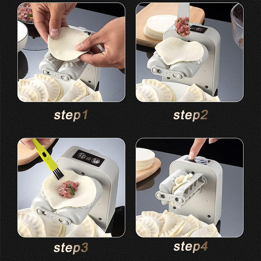 Automatic Electric Dumpling Press Maker Machine - Adjustable and Easy to Operate, with Spoon and Brush - for Home Kitchen Pastry Making (White)