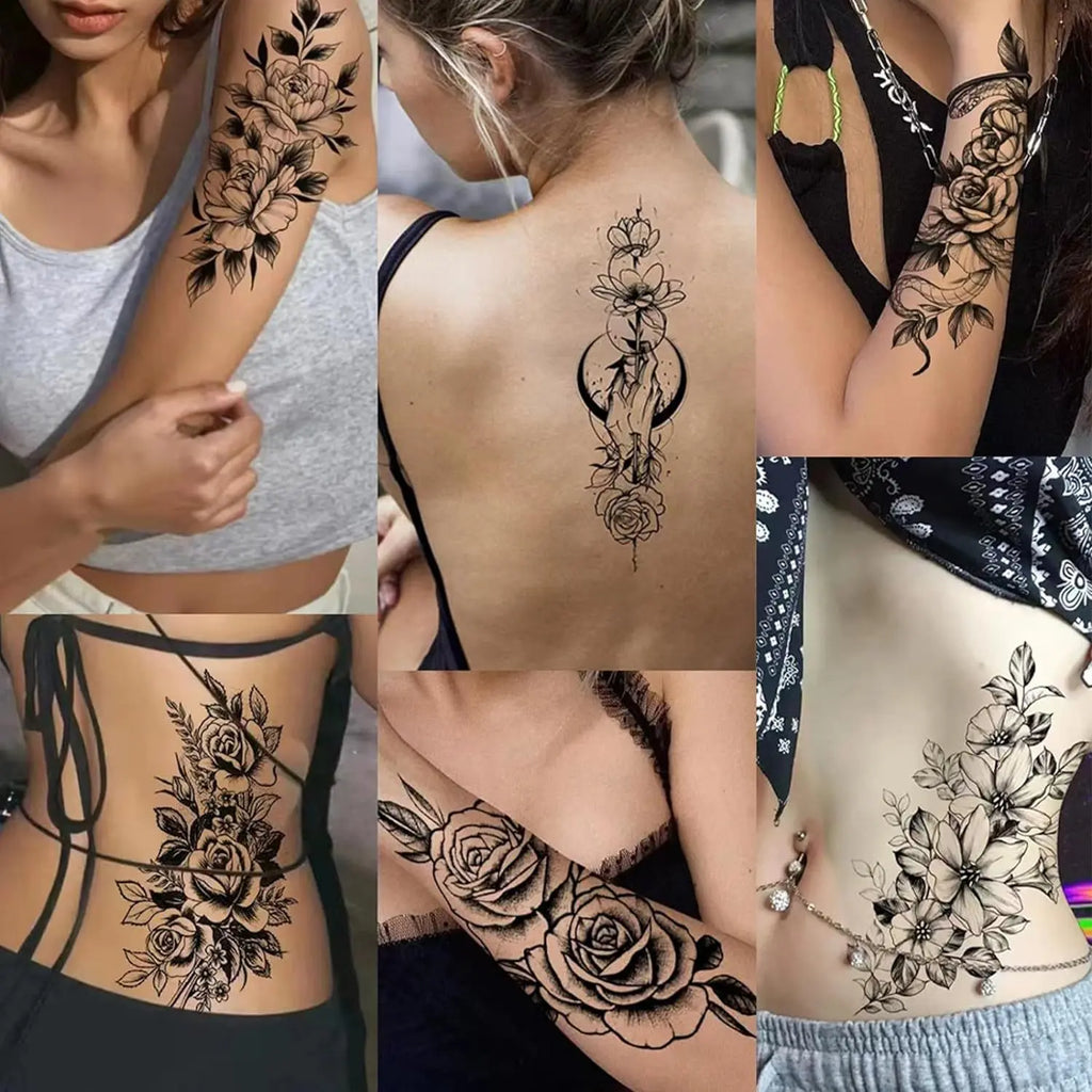 Women'S Temporary Tattoo Set, Realistic 3D Sketch Henna Tattoos, Sexy Sleeve Design, Chest Abdomen Back Tattoos, Makeup Art, Body Fake Tattoos, Ephemeral Tattoos, Temporary Tattoo Kit