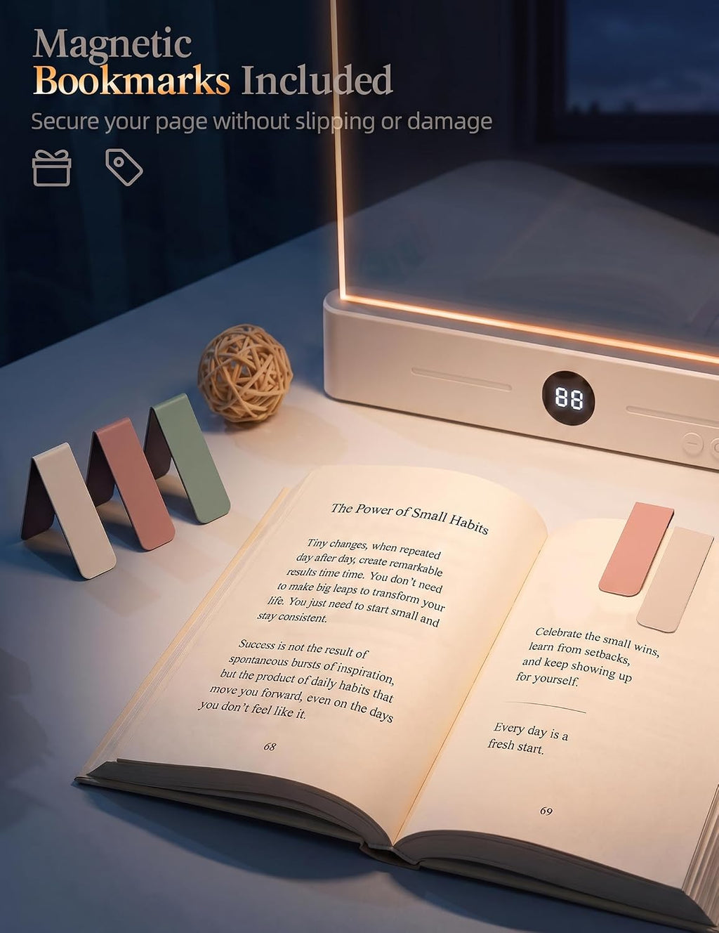 Book Page Light for Reading at Night, Flat Book Light for Bed, White