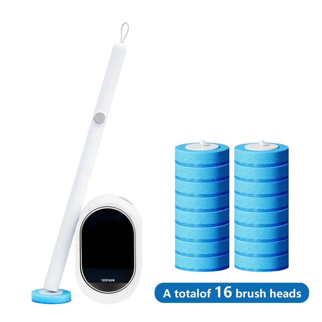 SOPAMI Disposable Toilet Scrubber Brush Kit - 32/16 Refill Heads & Holder, Rotating No-Touch Scrubber, Toilet Cleaning System for Under-Rim & Corners, Bathroom Accessories Cleaning Supplies for Home, Auto Cleaning Toilet Brush & Plungers
