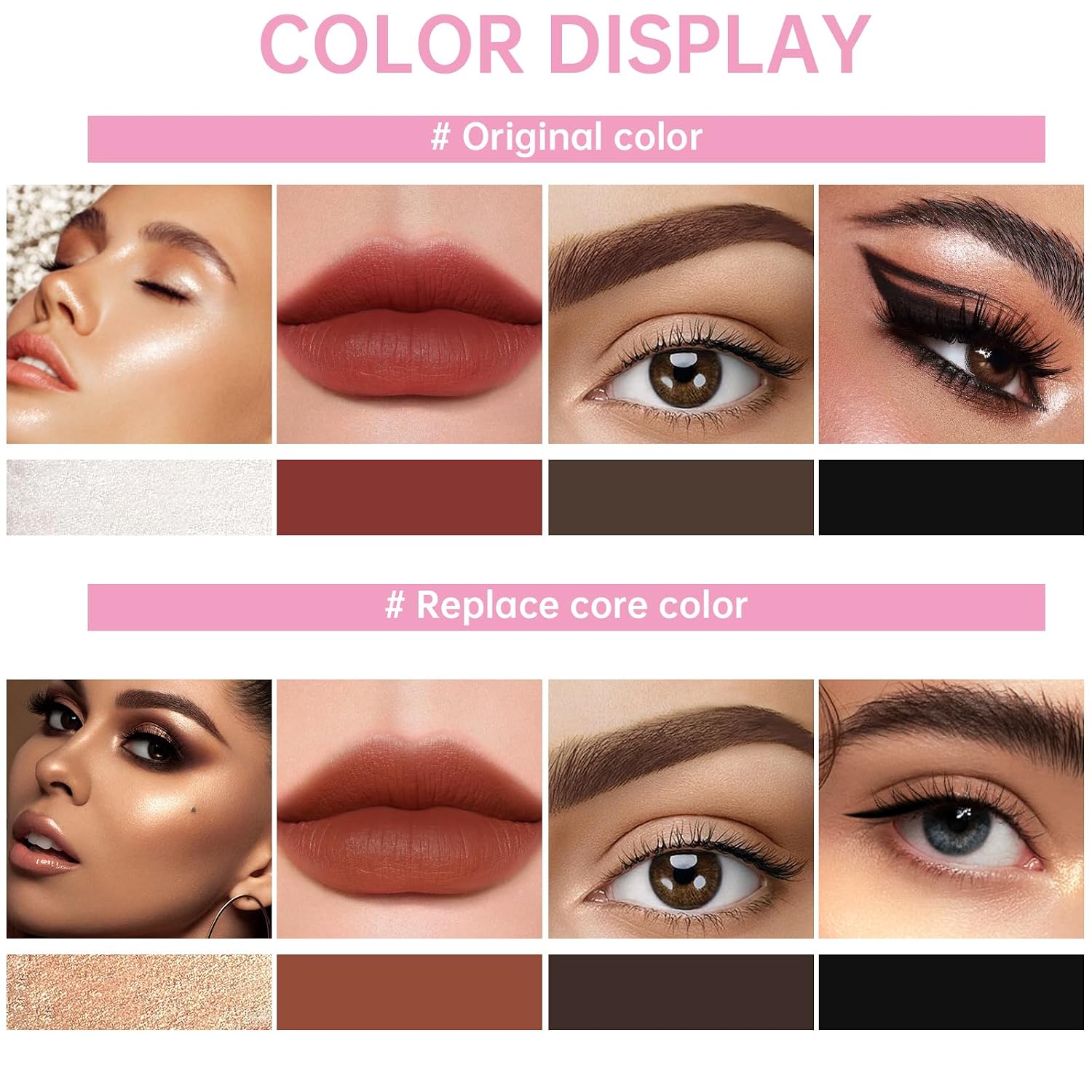 4 in 1 Makeup Pen, 4 Colors Eyeliner Eyebrow Lip Liner Highlighter All in One Beauty Pen, Waterproof Long-Lasting Multifunctional Travel Portable Makeup Pen with 4 Replacement Refill