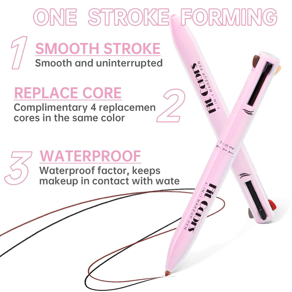 4 in 1 Makeup Pen, 4 Colors Eyeliner Eyebrow Lip Liner Highlighter All in One Beauty Pen, Waterproof Long-Lasting Multifunctional Travel Portable Makeup Pen with 4 Replacement Refill