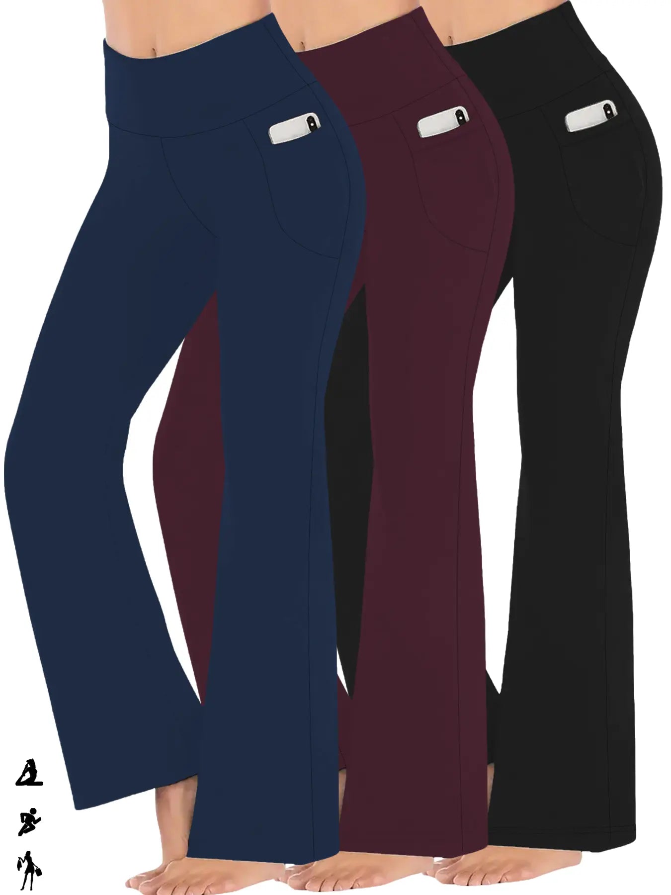 3 Pack Women'S Super Soft Flare Pants with Pockets, Stretchy High Waist Tummy Control, No See through Yoga Leggings for Working Out, Flared Yoga Bottoms, Yoga Wear