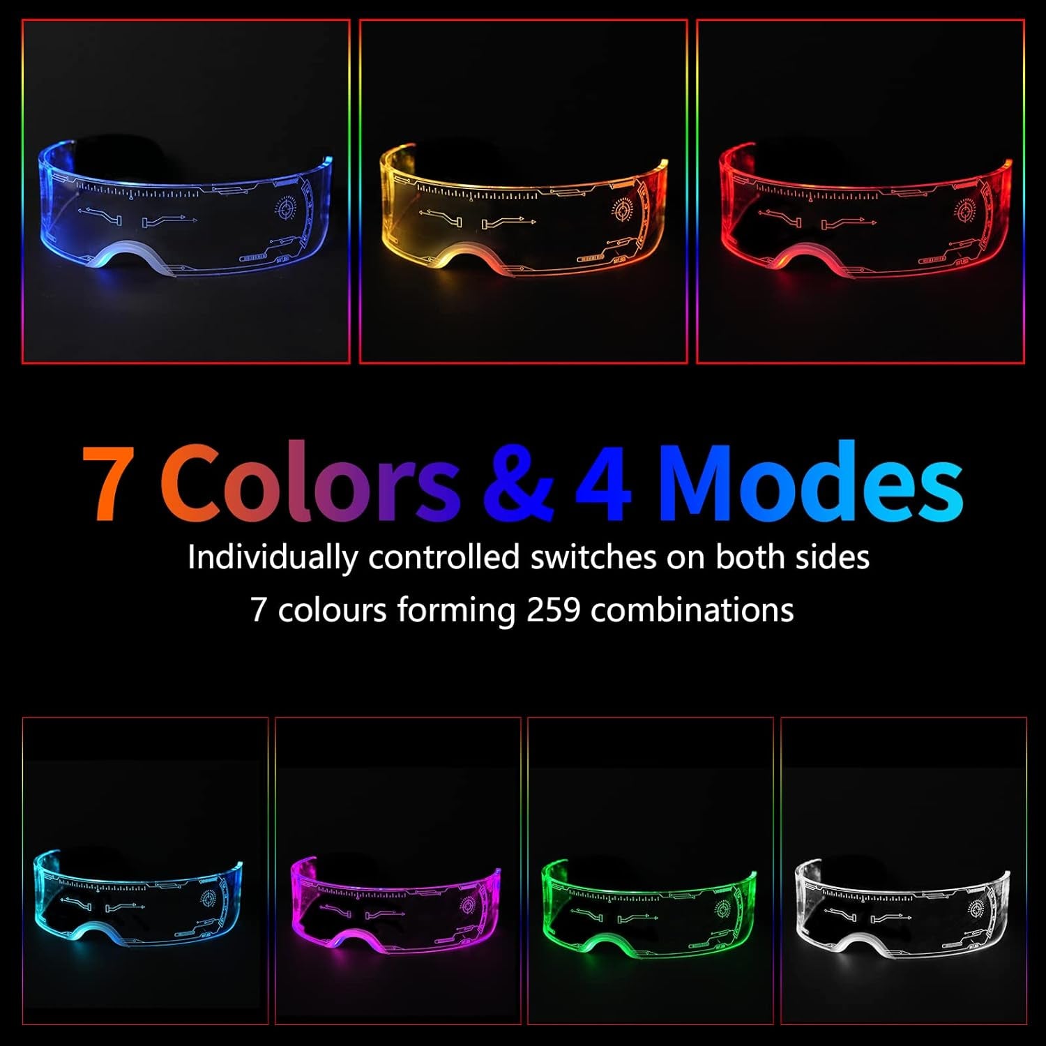 Led Visor Glasses Light up 7 Colors and 4 Modes, Cyberpunk Glasses for Halloween Cosplay Party Bar Adults