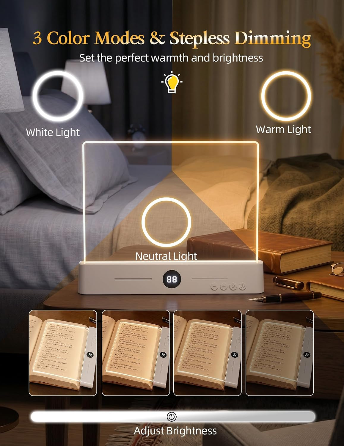 Book Page Light for Reading at Night, Flat Book Light for Bed, White