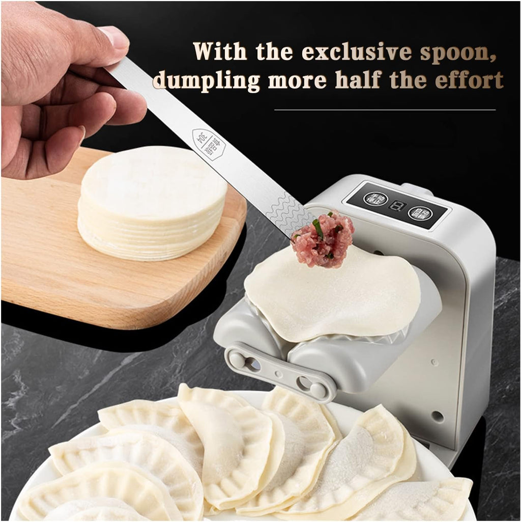 Automatic Electric Dumpling Press Maker Machine - Adjustable and Easy to Operate, with Spoon and Brush - for Home Kitchen Pastry Making (White)