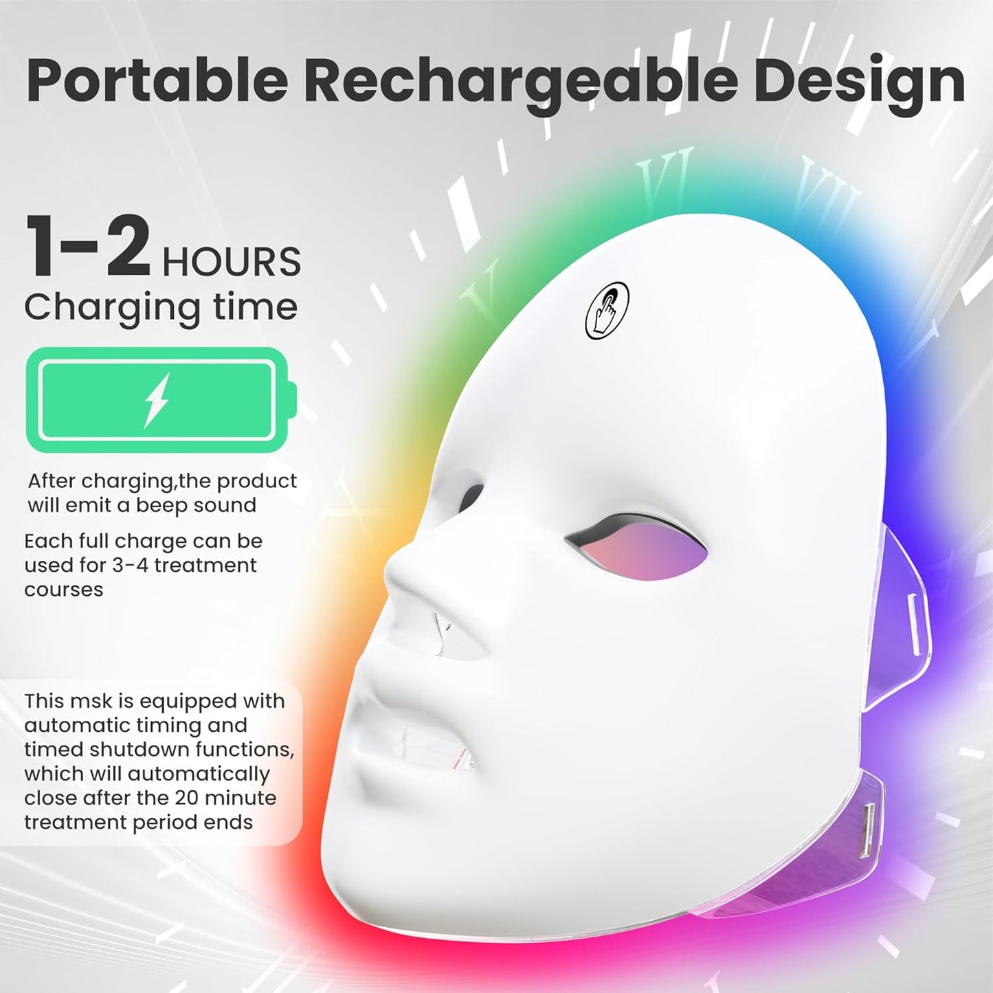 7-1 Colors Red Light Therapy for Face，Led Facial Skin Care Mask,Red Light Mask for Face, LED Facial Mask Light,Salon or Home,White.
